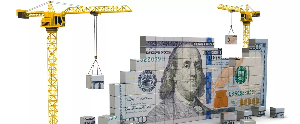 3d illustration of two cranes building 100 dollars